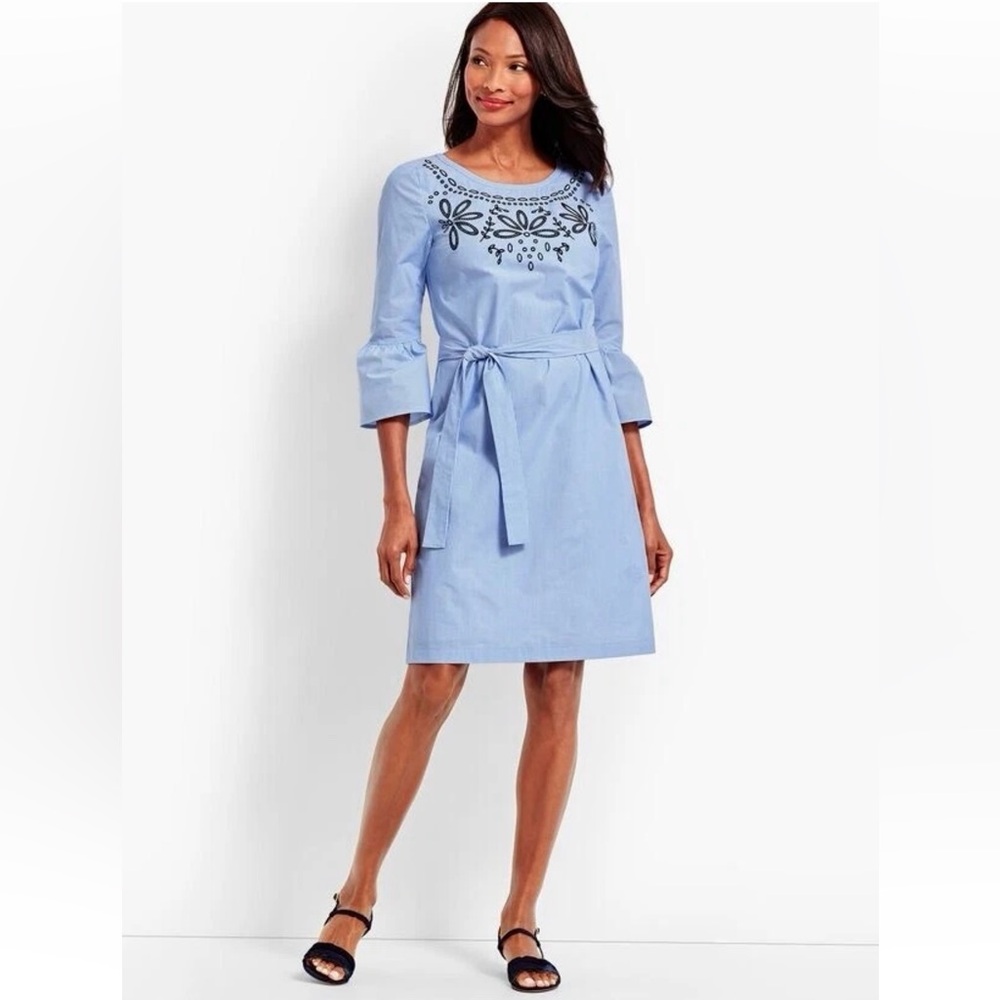 Talbots Blue and White Striped Dress with Floral Embroidery